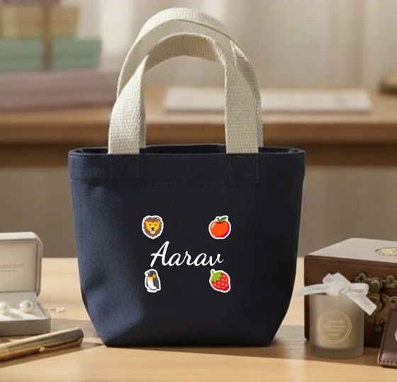 Navy mini bag with a name and stickers