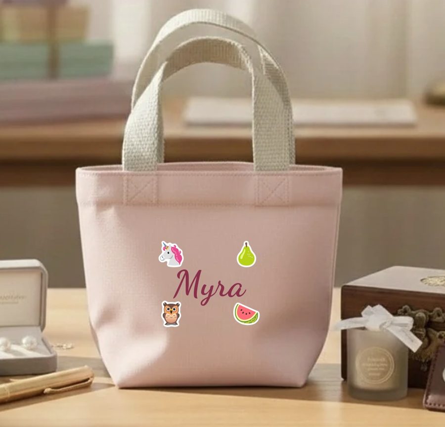 Tiny Treasures pink mini bag with the name Myra